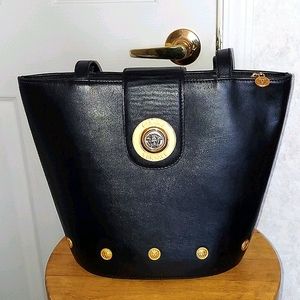 Vintage Gianni Versace Black Leather Shoulder Bag, Gold and Silver Tone Medusa.